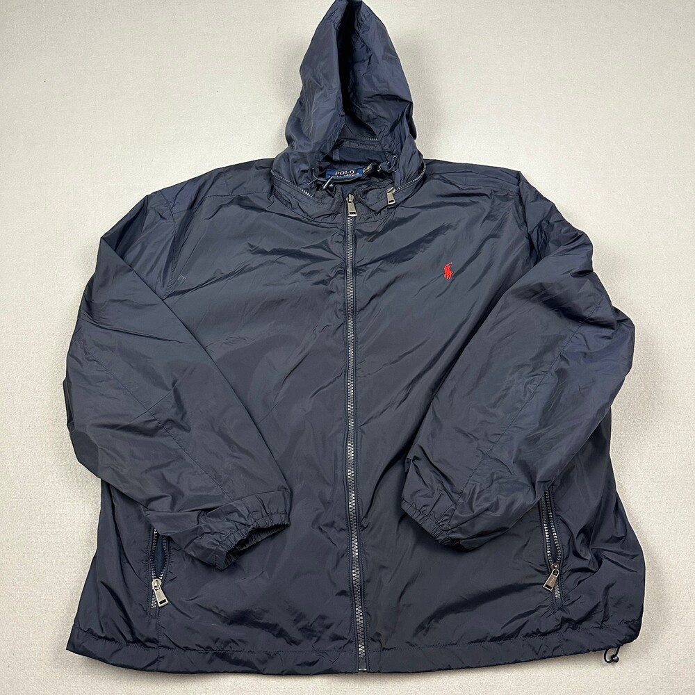 Polo Ralph Lauren Jacket Men 2XB Navy Blue Full Zip Windbreaker Pony Hood *